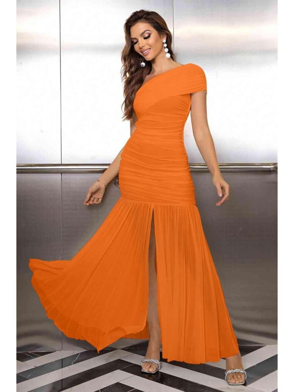 Women's Orange Elegant Formal ONE Shoulder Sleeveless Bodycon Maxi Long Dress - Picture 6 of 7